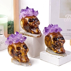 ハロウィーンテーマの天然アメジストチップをトッピングした頭蓋骨の置物  瑪瑙の地下室付き  ホームオフィスの装飾  ココナッツブラウン  65~70mm&nbsp;PW-WG312FD-01