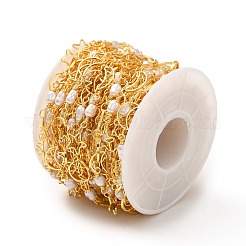 真鍮製のスター&ムーンリンクチェーン  ABSプラスチック模造パールビーズ付き  ハンダ付け  スプールで  18KGP本金メッキ  13.5x3mm  8x8x0.5mm  10x6x0.5mm&nbsp;CHC-A006-02G