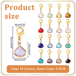30 шт. 15-х цветные треугольные латунные стеклянные подвесные украшения HJEW-GA00007