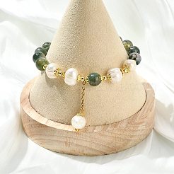Armbänder mit Anhängern aus natürlichem Moosachat und natürlichen Perlen&nbsp;BJEW-JB14141-01