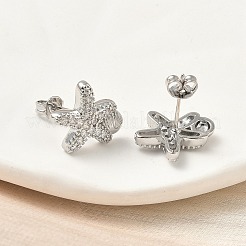 真鍮マイクロペーブクリアキュービックジルコニアスタッドピアス  ラックめっき  長持ちメッキ  カドミウムフリー＆鉛フリー  プラチナ  ヒトデ  14x13mm&nbsp;EJEW-A145-03C-P