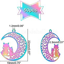 ステンレススチールの子猫ペンダント201個  エッチングされた金属装飾  カップル猫の形をした三日月  虹色  22x19x0.3mm  穴：1.2mm  50個/箱&nbsp;STAS-UN0018-91M