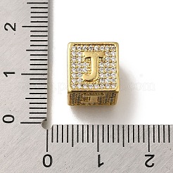 真鍮製キュービックジルコニアビーズ  カドミウムフリー＆ニッケルフリー＆鉛フリー  文字J  正方形  文字J  9.5x9.5x9.5mm  穴：6mm&nbsp;KK-Q818-01J-G