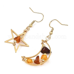 Boucles d'oreilles pendantes étoile et lune en fil d'ambre naturel&nbsp;EJEW-JE07532