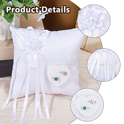 蝶結びのついた正方形のポリエステル製結婚指輪ディスプレイ枕  ホワイト  180x180x90mm&nbsp;DIY-WH0899-722