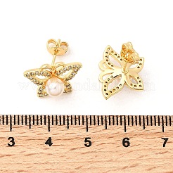 Серьги-гвоздики с бабочками из латуни с микропаве из прозрачных кубических цирконий&nbsp;EJEW-C154-03G