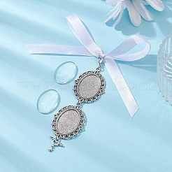 チベットスタイルの合金とガラスの楕円形の写真の花束吊り下げ装飾品  サテンリボンと亜鉛合金カニカン付き  アンティークシルバー  132mmと105mm  2個/セット&nbsp;HJEW-JM01353