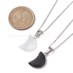 2 Uds. Collares con colgante de cristal de cuarzo y larvikita natural de luna creciente de 2 estilos&nbsp;NJEW-JN04642