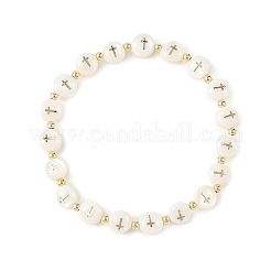 Pulseras elásticas planas redondas de concha de agua dulce natural con cuentas cruzadas para mujer&nbsp;BJEW-JB14238