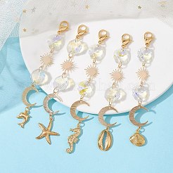 304ステンレススチールの海の動物のペンダント装飾  ガラスの八角形と太陽/月の真鍮のリンクとカニカンのチャーム  ゴールドカラー  106~118mm&nbsp;HJEW-JM01523