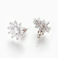 キュービックジルコニアスタッドピアス  真鍮パーツ  花  透明  プラチナ  14x4.5mm  ピン：0.7mm&nbsp;X-EJEW-P167-06P