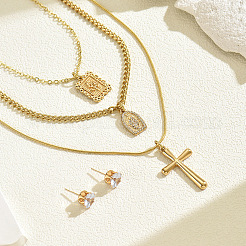 Комплекты из серег-гвоздиков и трехслойных ожерелий с кубическим цирконием из латуни&nbsp;FS-WG699DA-01