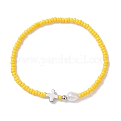 5 шт. эластичный браслет из стеклянного бисера с латунным крестиком и искусственным жемчугом&nbsp;BJEW-MZ00300