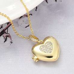 Латунные микропаве прозрачные кубические цирконии сердце медальон кулон ожерелья для женщин&nbsp;NJEW-S449-04B-G