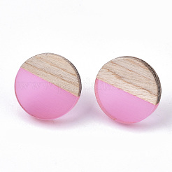 透明樹脂＆ウッドスタッドピアス  304ステンレスピン付き  フラットラウンド  パールピンク  15mm  ピン：0.7mm&nbsp;EJEW-N017-003A-D04