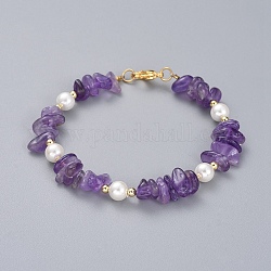 Natural Amethyst Chip Beaded Bracelets, with Shell Pearl Round Beads, Brass Beads and 304 Stainless Steel Lobster Claw Clasps, 7-1/4 inch(18.5cm)