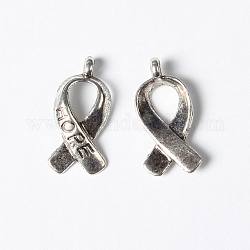Breast Cancer Awareness Ribbon Carved Word Hope Tibetan Silver Message Pendants, Antique Silver, Lead Free & Cadmium Free, 18x7.5x3mm, Hole: 1mm