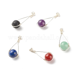 Natural Mixed Stone Pendants, with Silver Copper Wire Wrapped, Round, 40x15x12mm, Hole: 2mm