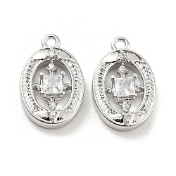Brass Micro Pave Cubic Zirconia Charm, with Glass, Oval, Real Platinum Plated, 13.3x8.5x2.8mm, Hole: 1mm