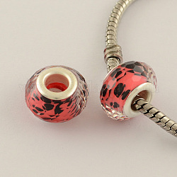 Large Hole Spot Pattern Acrylic European Beads, with Silver Tone Brass Double Cores, Faceted Rondelle, Light Coral, 14x9mm, Hole: 5mm