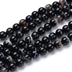 Natural Striped Agate/Banded Agate Bead Strands, Dyed, Round, Black, 10mm, Hole: 1mm, about 40pcs/strand, 15.7 inch
