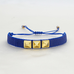 Glass Seed Braided Bead Bracelet, Flat Band Friendship Bracelet with Triple Stud for Women, Blue, 11 inch(28cm)