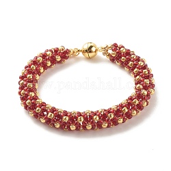 Bracelet en perles de verre avec fermoir magnétique en laiton, bracelet tressé pour femme, rouge foncé, 7-1/2 pouce (19 cm)