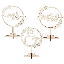 Wood Table Top Display Decorations, Mr & Mrs Signs, for Wedding Decoration, BurlyWood, 7.5~8.2x5.5~6.5x0.5cm, 3 style, 1pc/style, 3pcs/set