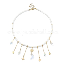 Collana con bavaglino in ottone con luna e stella con catene di perline di vetro, oro, 15.47 pollice (39.3 cm)