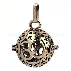 Rack-Messing Käfig Anhänger, für Glockenspiel Kugel Anhänger Halsketten machen, hohl rund mit Om-Symbol, Antik Bronze, 25x24x20.5 mm, Bohrung: 3x7 mm, Innen Maßnahme: 18 mm