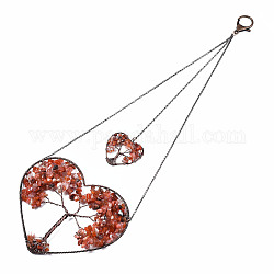 Gros pendentifs en cornaline naturelle naturelle, pendentifs enroulés de fil, avec fils de cuivre rouge, coeur avec fermoirs pinces de homard, 420~455x138~150x7.5~9.5mm, Trou: 16.5mm