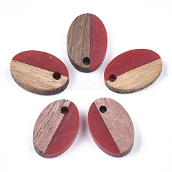Pendentifs en bois de résine et de noyer, ovale, firebrick, 15.5x10.5x3~3.5mm, Trou: 1.8mm