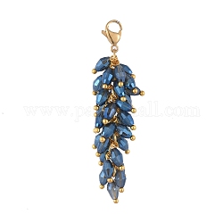 Pendentifs de perles de grappe de verre galvanisé, avec fermoirs mousquetons en 304 acier inoxydable, or, bleu, 60mm