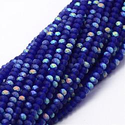 Perles de verre rondelle facettées demi-couleur ab, mat, bleu, 4~4.5x3~3.5mm, Trou: 0.8mm, Environ 150 pcs/chapelet, 15.1 pouce