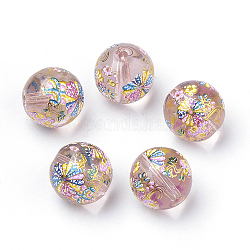 Печатные стеклянные бусины, круглые с цветочным узором, розовые, 10x9 мм, отверстие : 1.5 мм