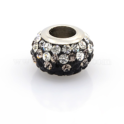 304 rostfreiem Stahl Polymer Ton Strass European Beads, großes Loch Rondell Perlen, Jet, 11~12x7~8 mm, Bohrung: 5 mm