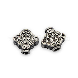Carved Brass Beads, Rhombus, Nickel Free, Antique Silver, 15x14x6mm, Hole: 2mm