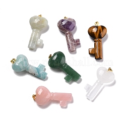 Natural Mixed Gemstone Pendants, with Golden Brass Jump Ring, Key with Heart, 43x22x10.4mm, Hole: 3.8x5mm
