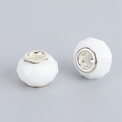 Facettierten Glas European Beads, Großloch perlen, mit silberfarbenen Messingkern, Rondell, weiß, 13.5~14x8.5~9 mm, Bohrung: 5 mm