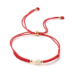 Pearl Beads Adjustable Nylon Thread Cord Bracelets, with Brass Beads, Red, Inner Diameter: 3/4 inch(2~9.1cm)