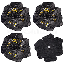 Parches de lentejuelas de flores 3d, apliques de cuentas brillantes, con poliester, accesorios de vestuario, negro, 110x100~110x3~6mm