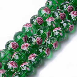 Perles de verre transparentes imprimées et peintes au pistolet, ronde avec motif de fleurs, verte, 12~12.5x11.5mm, Trou: 1.4mm