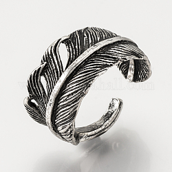 Anillos de dedo de puño de aleación ajustable, anillos de banda ancha, pluma, plata antigua, 18.5mm