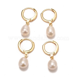 Boucles d'oreilles en laiton, avec perle naturelle, Plaqué longue durée, véritable 18k plaqué or, blanc, 28mm, pin: 0.8 mm