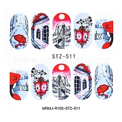 Stickers autocollants de transfert d'eau d'art d'ongle, bricolage ongles conseils décoration, rouge, Motif de construction, 63x52mm, autocollants simples: 19x10 mm, 10pcs / feuille