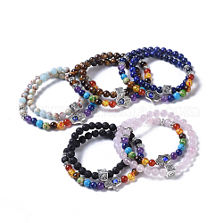 Two Loops Natural & Synthetic Gemstone Beads Warp Stretch Bracelets, with Evil Eye Lampwork Round Beads and Tibetan Style Alloy Beads, 13-3/8 inch(34cm)