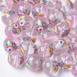 Perles de verre transparentes imprimées et peintes au pistolet, ronde avec motif de fleurs, rose, 10~10.5x9.5mm, Trou: 1.6mm