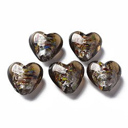Perline di vetro in lamina d'argento fatte a mano a lume, cuore, caffè, 15~16x15.5x9~10mm, Foro: 1.2 mm