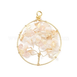 Electroplate Glass Pendants, with Real 18K Gold Plated Tone Eco-Friendly Copper Wire, Ring with Tree, Pink, 47~50x38~39x5~6mm, Hole: 2.5~4.5mm