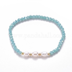 Verre à facettes perles bracelets extensibles, avec perles naturelles et perles en laiton plaqué or, turquoise, diamètre intérieur: 2-1/4 pouce (5.7 cm)